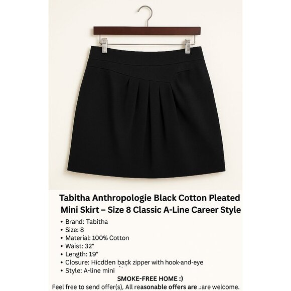 Tabitha Anthropologie Black Cotton Pleated Mini Skirt Career Style Sz 8 - Picture 2 of 8